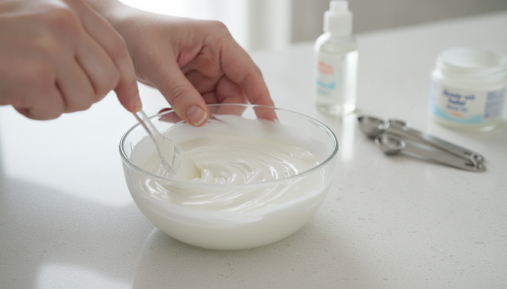Close-up of hands mixing ingredients in a bowl to create a smooth white gel Ingredients include Vaseline baby oil and a