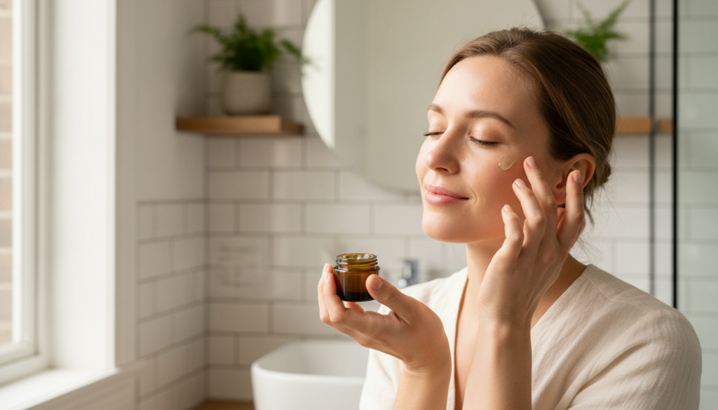 A woman gently applying a small amount of homemade gel to her face focusing on her cheek and under-eye area Her skin loo