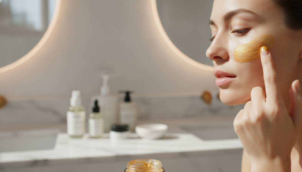 A woman gently applying a golden-colored face mask to her cheek demonstrating a patch test or careful application Her sk