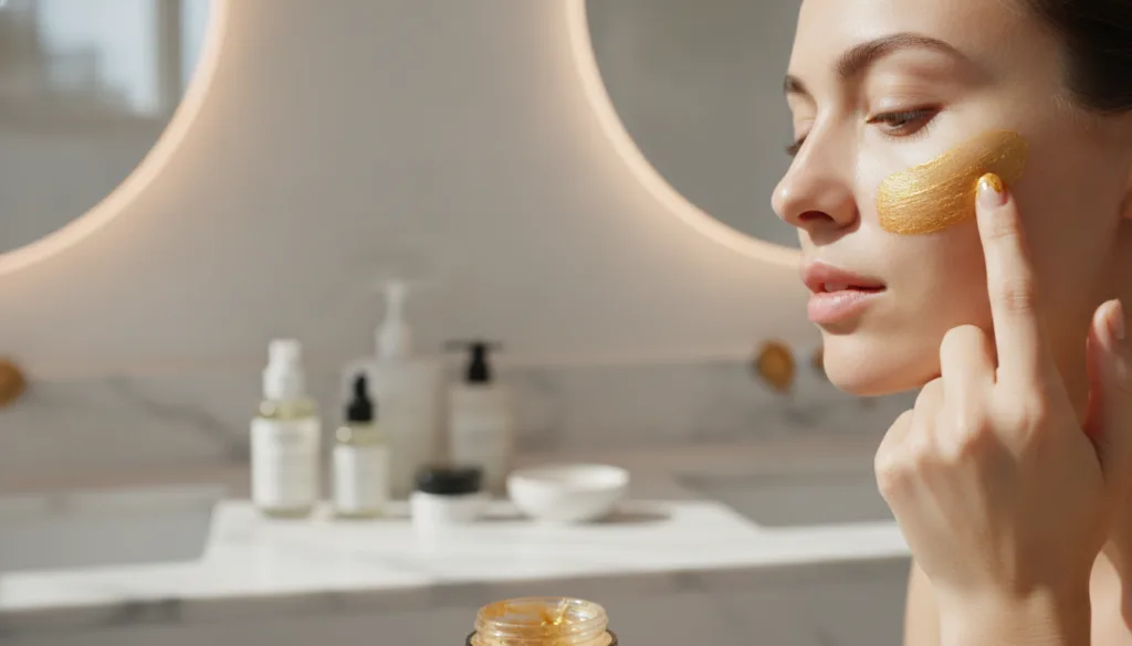 A woman gently applying a golden-colored face mask to her cheek demonstrating a patch test or careful application Her sk