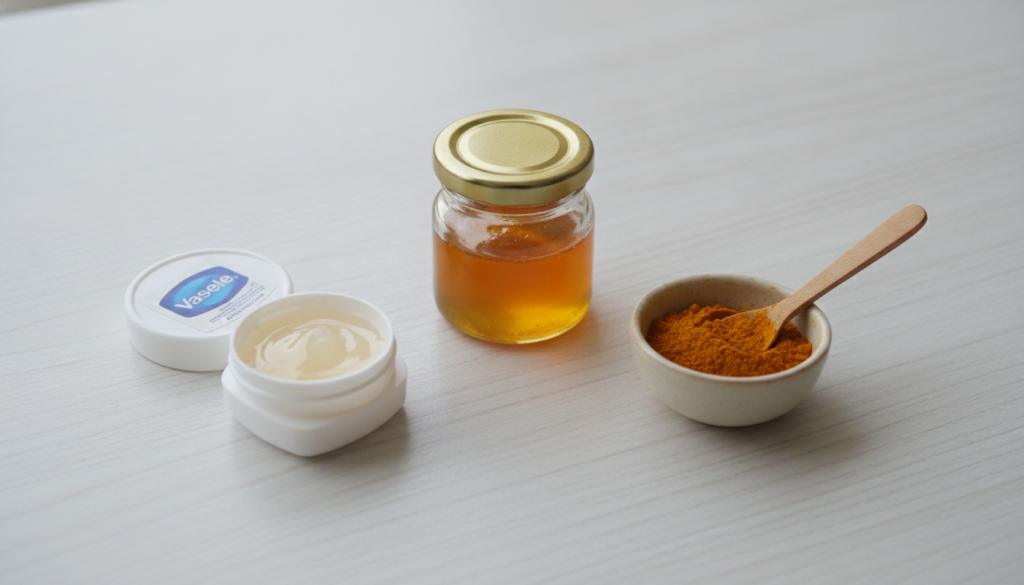 Individual ingredients laid out on a clean surface a small tub of Vaseline a small jar of raw honey and a tiny bowl of b