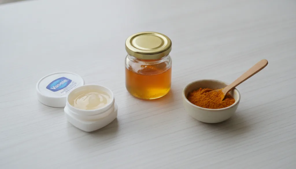 Individual ingredients laid out on a clean surface a small tub of Vaseline a small jar of raw honey and a tiny bowl of b
