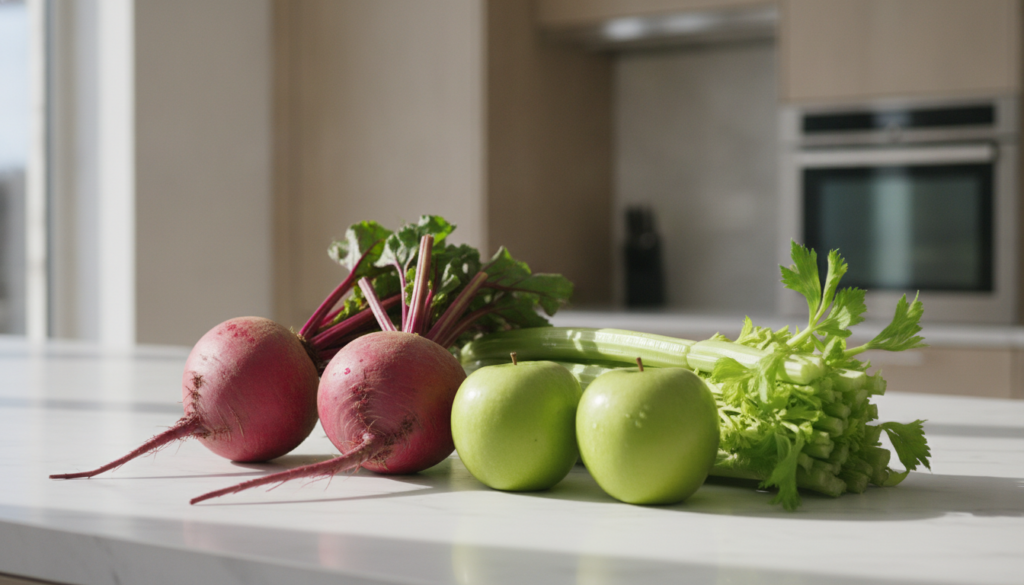 Various fresh ingredients including whole beetroots celery stalks and green apples neatly arranged on a clean kitchen co