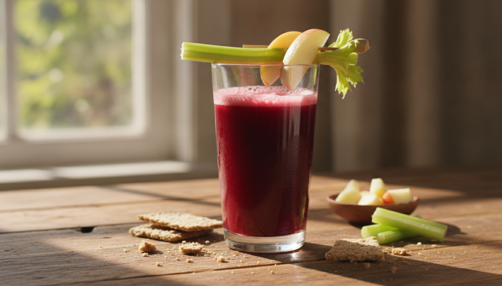 A vibrant glass of fresh beetroot celery and apple juice garnished with a thin slice of apple and a celery stalk on a ru