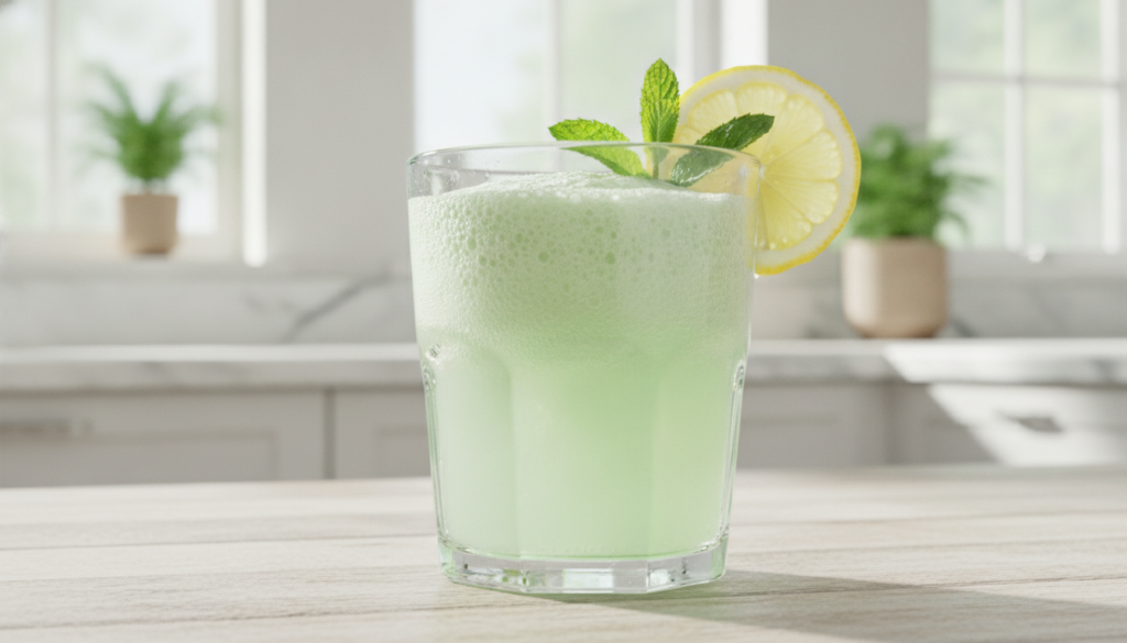 A close-up shot of a clear glass filled with a frothy light green refreshing homemade drink garnished with a slice of le