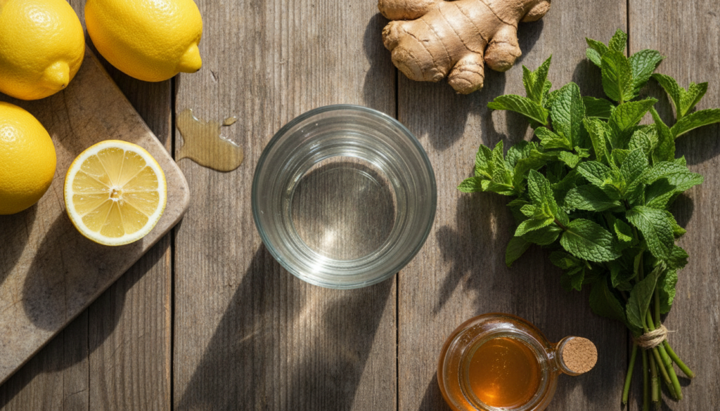 A vibrant top-down shot of the ingredients for the lemon-ginger-mint refresher laid out on a rustic wooden table fresh l