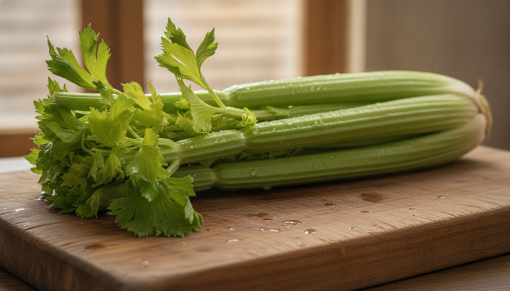 A vibrant bunch of fresh celery stalks on a rustic wooden board perhaps with some water droplets suggesting freshness an