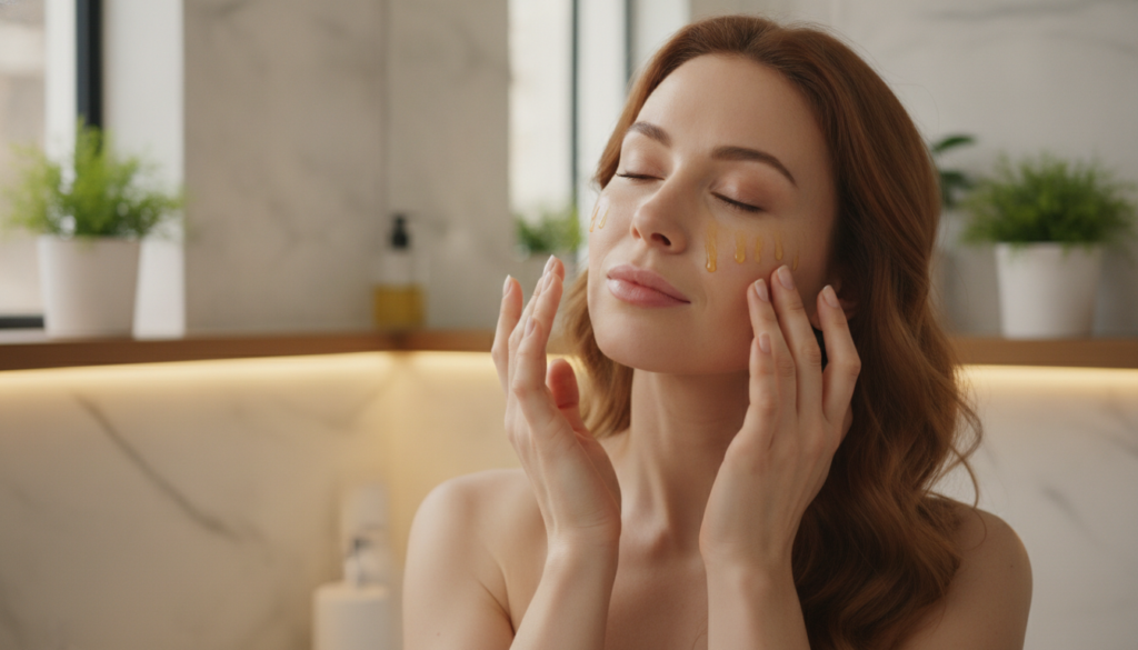 A woman gently massaging a few drops of golden-yellow oil into her face with her fingertips Her eyes are closed in relax