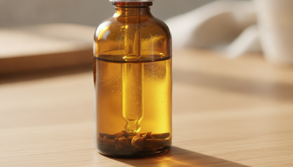 A small amber glass dropper bottle filled with a golden-yellow oil blend with whole cloves and a hint of turmeric powder