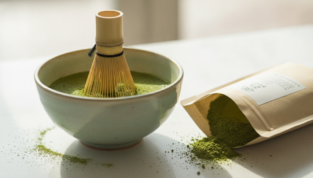 A scoop of vibrant green matcha powder in a small bowl with a bamboo whisk next to a small bag of matcha