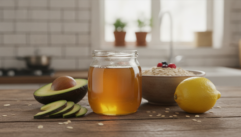 Various natural kitchen ingredients like honey avocado oats and lemon arranged beautifully on a rustic wooden table