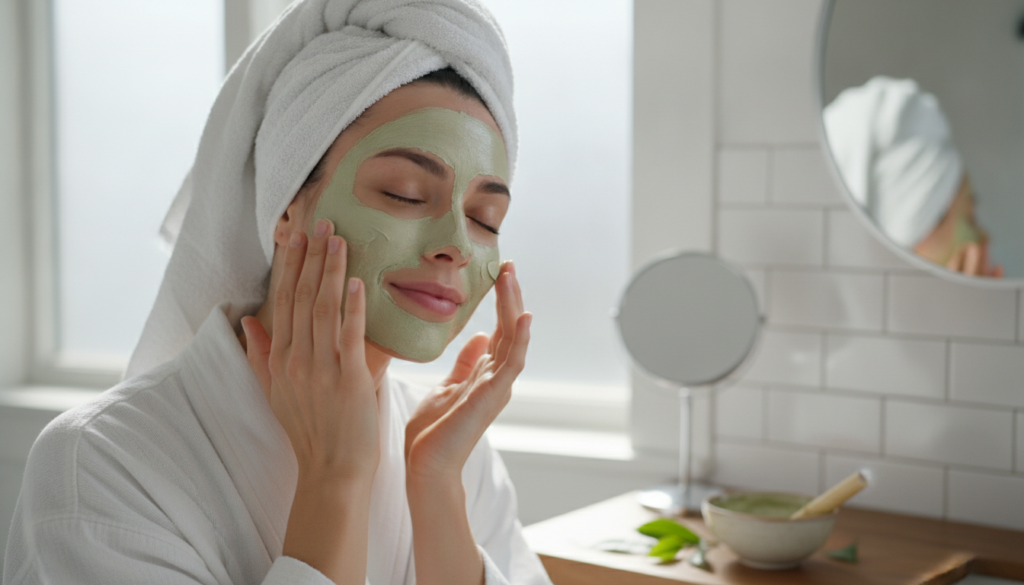 A woman with a glowing complexion gently applying a green matcha face mask to her face with her fingertips