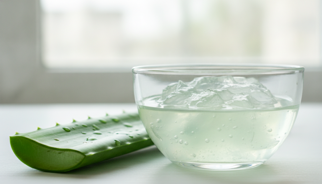 A close-up of a vibrant green aloe vera plant and a clear bowl of fresh aloe vera gel emphasizing its natural purity and