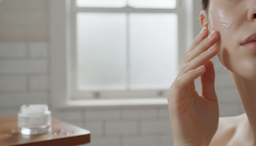 A person s hand gently applying a thin layer of a creamy translucent substance to their cheek demonstrating the final st