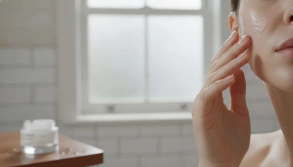 A person s hand gently applying a thin layer of a creamy translucent substance to their cheek demonstrating the final st