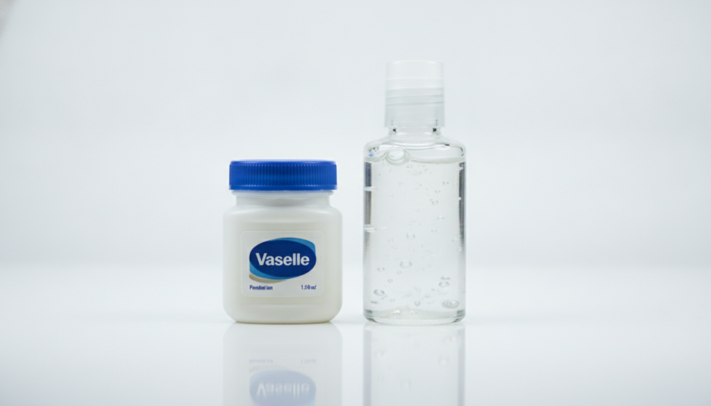 A visual showcasing a small jar of Vaseline and a bottle of aloe vera gel side-by-side on a clean light surface highligh