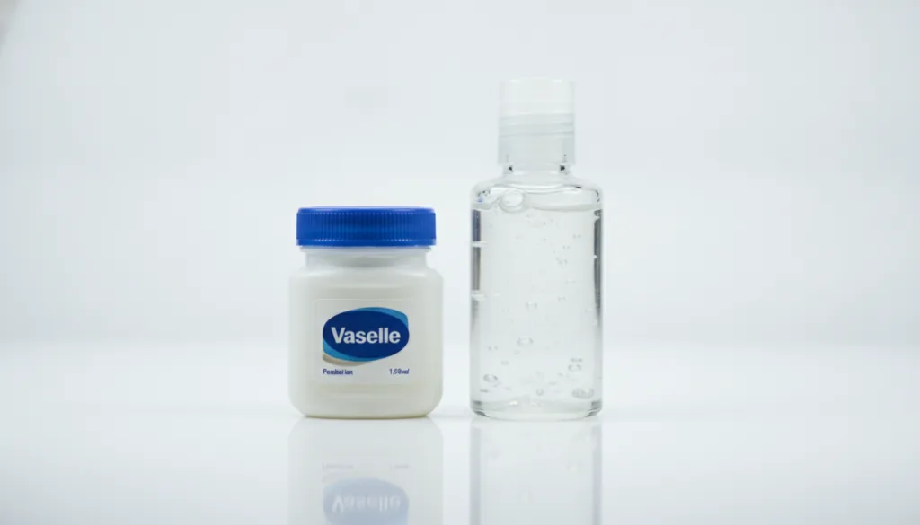 A visual showcasing a small jar of Vaseline and a bottle of aloe vera gel side-by-side on a clean light surface highligh
