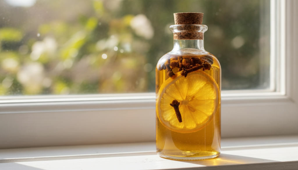 A small clear glass bottle filled with infused oil showing dried cloves and lemon slices submerged in the oil on a windo
