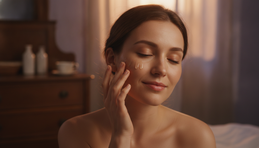 A woman with glowing smooth skin gently applying a few drops of facial oil to her cheek in a soft natural setting