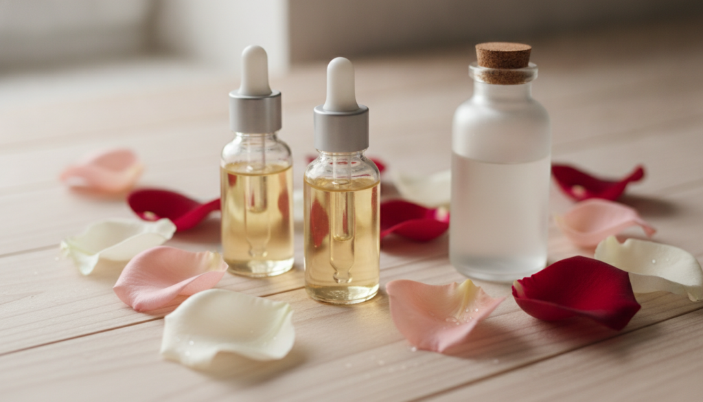 A close-up shot of small glass bottles of Vitamin E oil and a bottle of rose water with fresh rose petals scattered arou