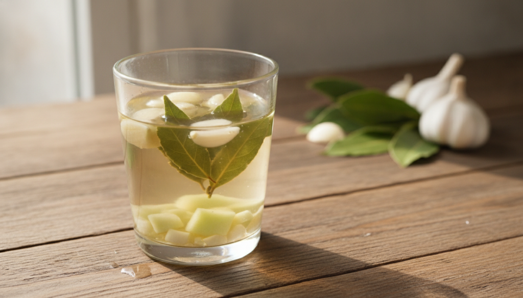 A clear glass of the prepared bay leaf garlic and chayote decoction ready to drink with fresh ingredients in the backgro