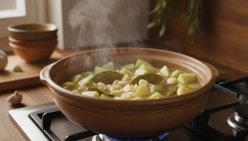 A pot of simmering chayote bay leaves and garlic on a stovetop creating a digestive decoction
