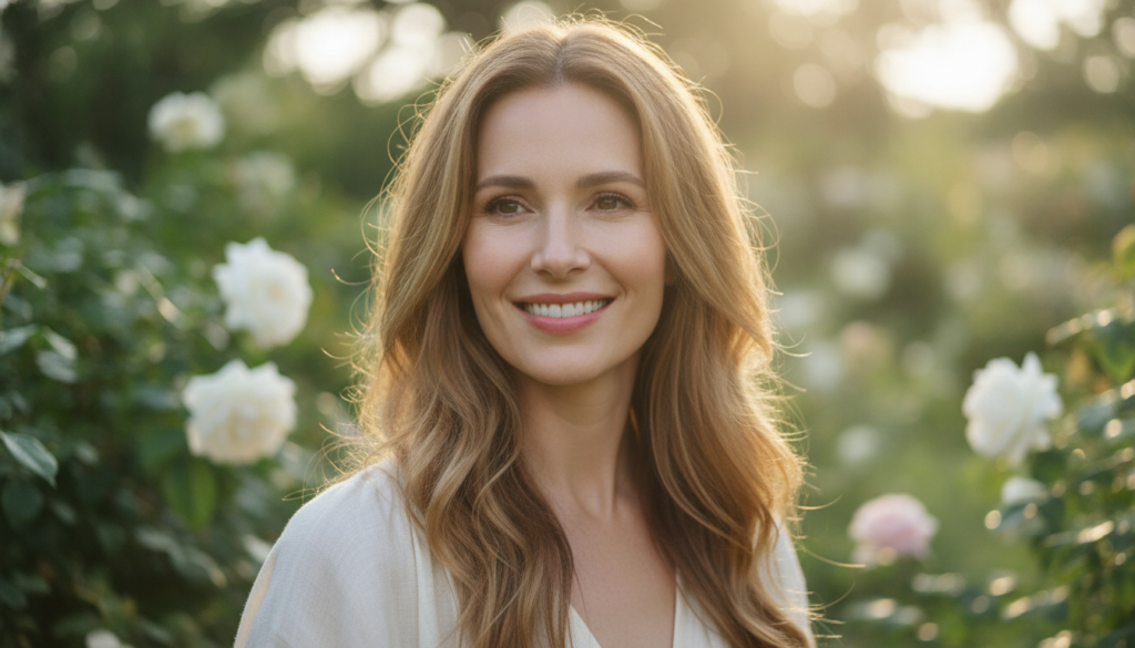 A radiant woman aged 30-40 smiling serenely with visibly smooth glowing and even-toned skin perhaps gently touching her 