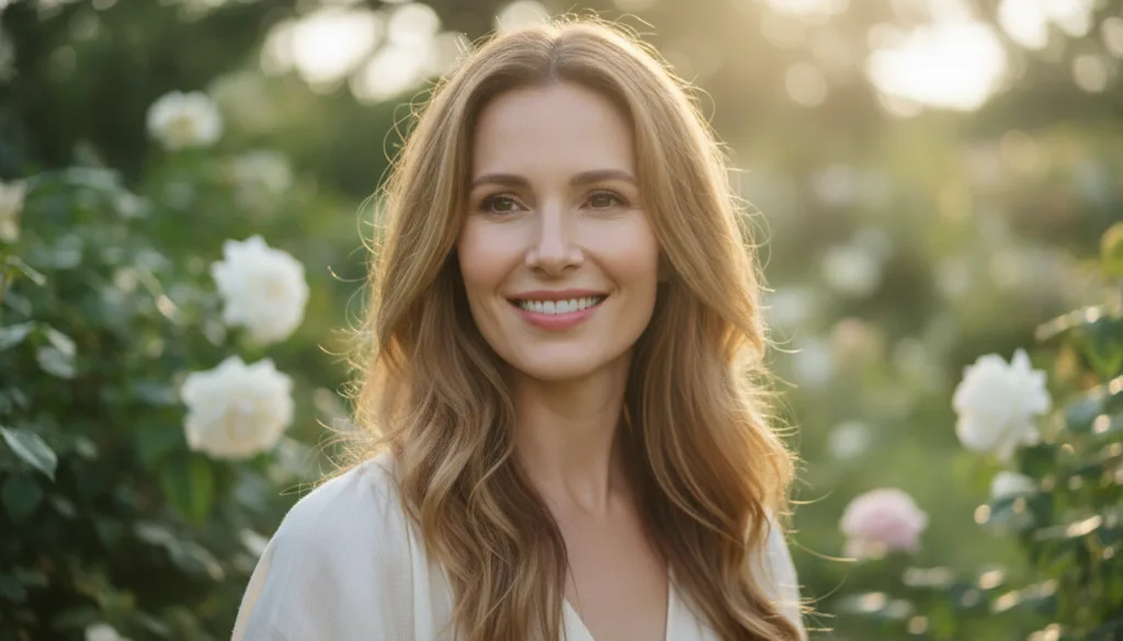 A radiant woman aged 30-40 smiling serenely with visibly smooth glowing and even-toned skin perhaps gently touching her