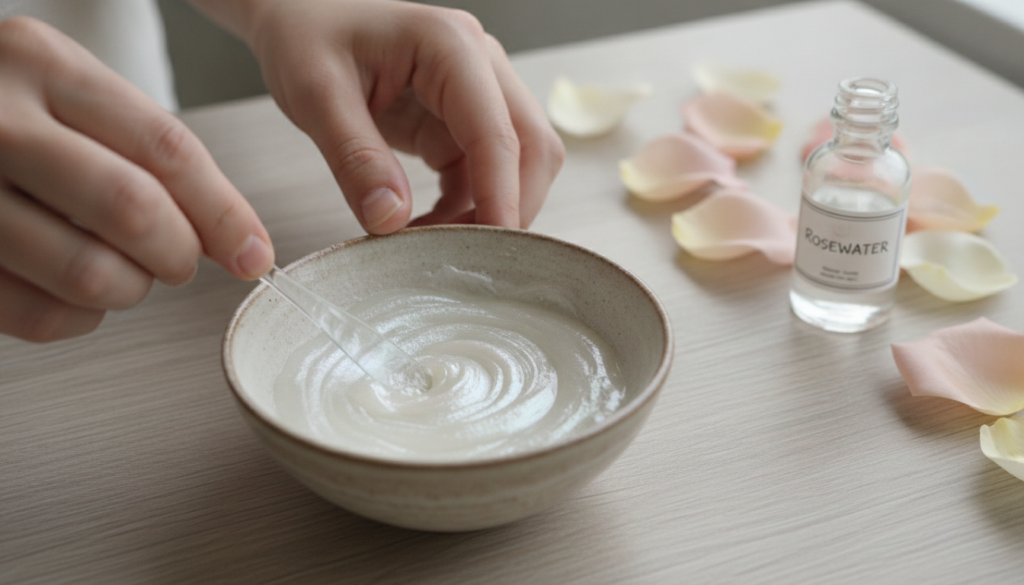 Hands mixing pearl powder with aloe vera gel in a small ceramic bowl with other natural ingredients like rosewater nearb