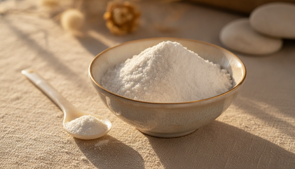 A close-up shot of fine white pearl powder in a small elegant bowl with a soft glowing light illuminating it Perhaps som