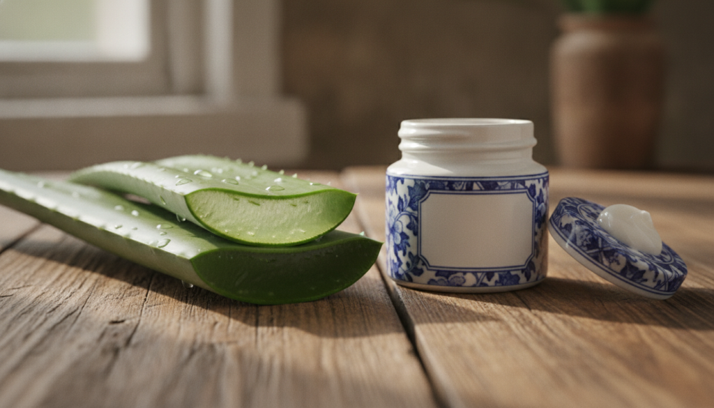 A close-up shot of an aloe vera leaf and a small jar of petroleum jelly side-by-side on a rustic wooden surface highligh