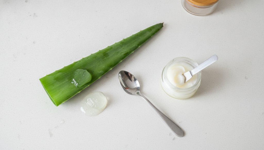 All the ingredients for the DIY night gel laid out a fresh aloe vera leaf a small tub of Vaseline and a clean mixing bow