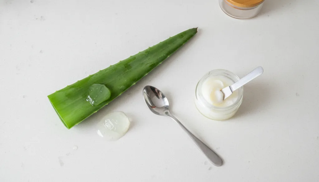 All the ingredients for the DIY night gel laid out a fresh aloe vera leaf a small tub of Vaseline and a clean mixing bow