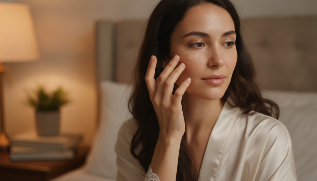 A woman gently applying a small amount of the clear night gel to her face at night showing her clean and fresh skin The 