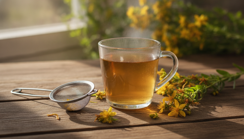 A clear glass cup of amber-colored St John s Wort tea with a small tea strainer on the side on a wooden table
