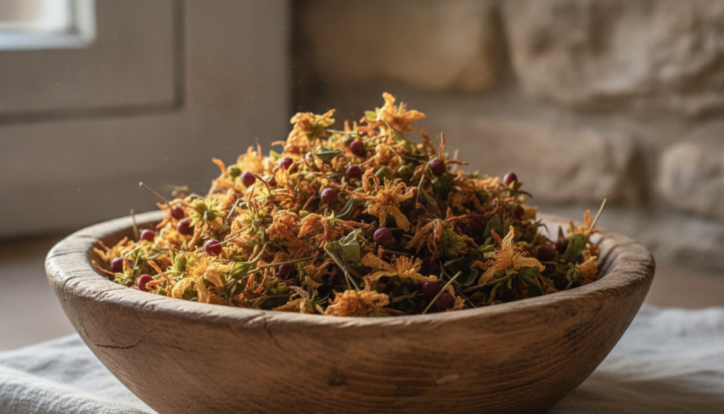 A close-up of St John s Wort flowering tops dried and ready for tea preparation in a small wooden bowl
