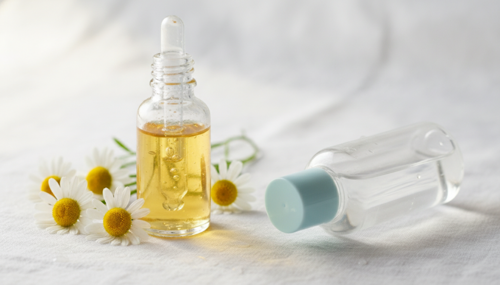 A small clear glass dropper bottle filled with a golden natural glow oil surrounded by fresh chamomile flowers and a sma