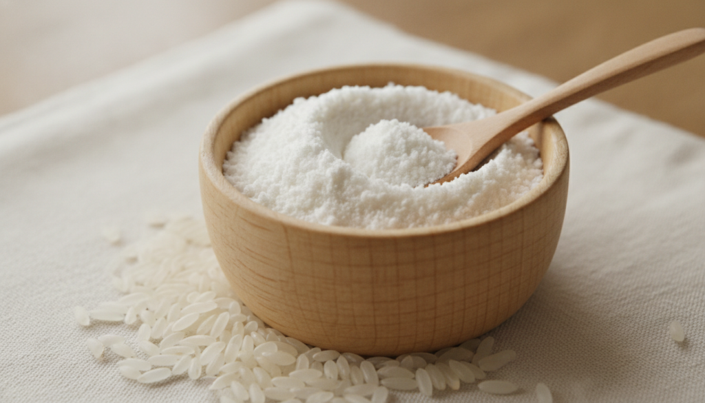 A close-up of a bowl of fine white rice powder with a small wooden spoon surrounded by a few grains of raw rice and a so