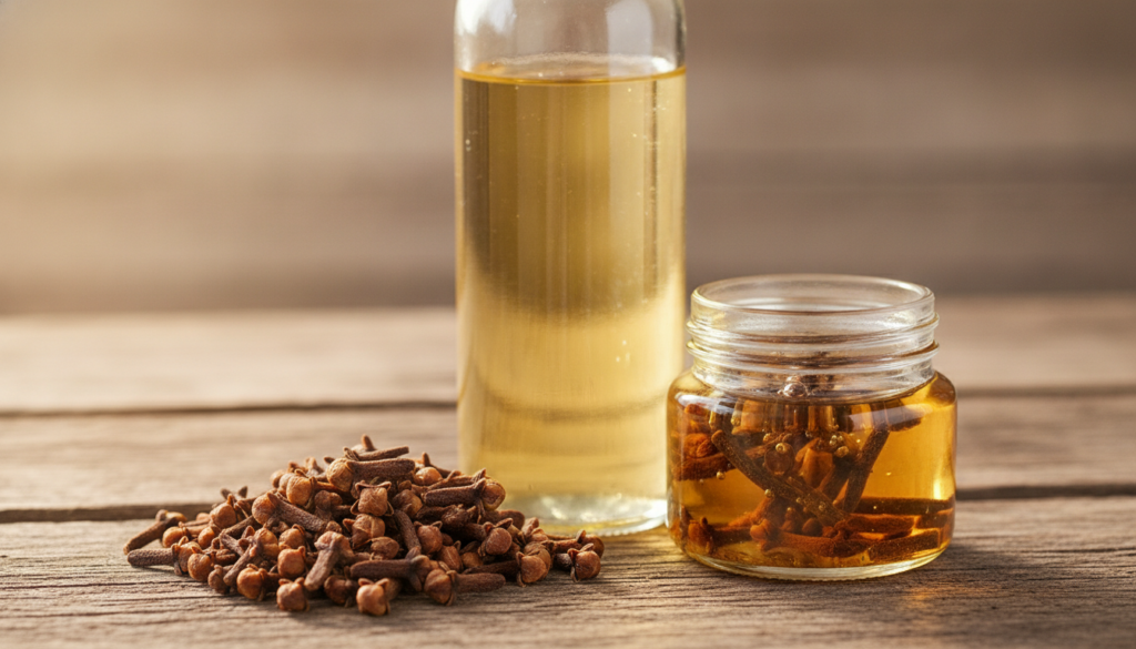 A close-up of whole cloves and a bottle of castor oil next to a small glass jar with the two ingredients infusing set ag