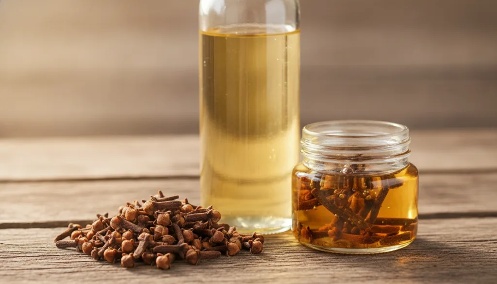A close-up of whole cloves and a bottle of castor oil next to a small glass jar with the two ingredients infusing set ag