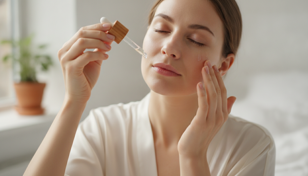 A woman gently massaging a few drops of homemade Clove Botox Oil onto her clean face focusing on her cheeks and forehead