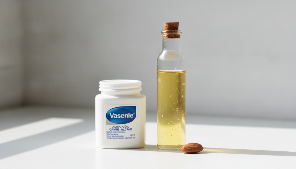 A still life image showing a jar of Vaseline and a small bottle of almond oil side by side on a clean light-colored surf
