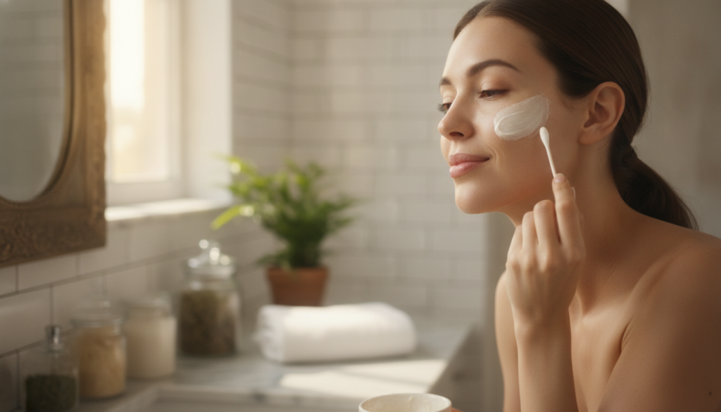 A woman gently applying a DIY skincare mixture to her face with a cotton swab focusing on a dark spot area with a soft w