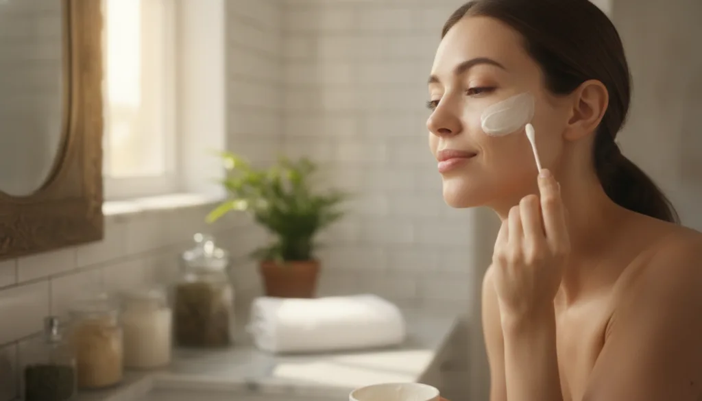 A woman gently applying a DIY skincare mixture to her face with a cotton swab focusing on a dark spot area with a soft w