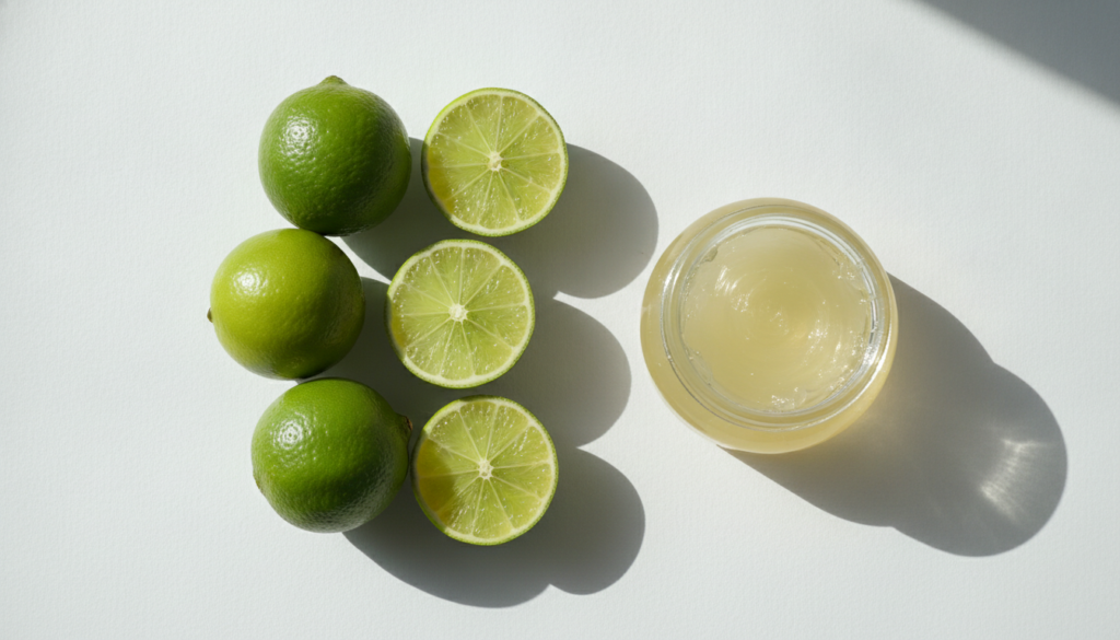 Fresh green limes and a jar of Vaseline on a clean white surface suggesting the ingredients for a DIY beauty recipe
