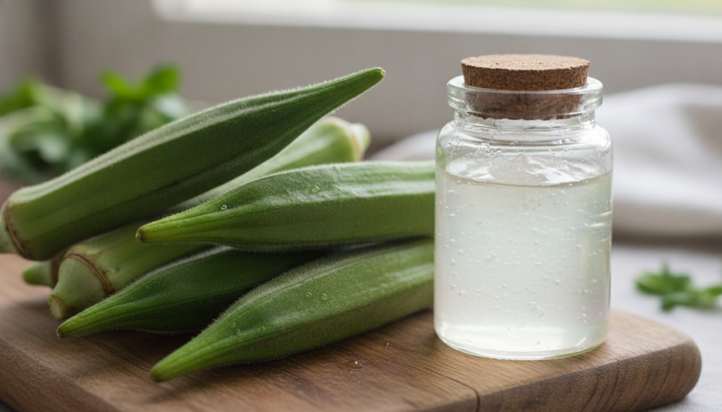 A close-up of fresh okra pods next to a small glass jar filled with a clear viscous okra gel suggesting natural skincare
