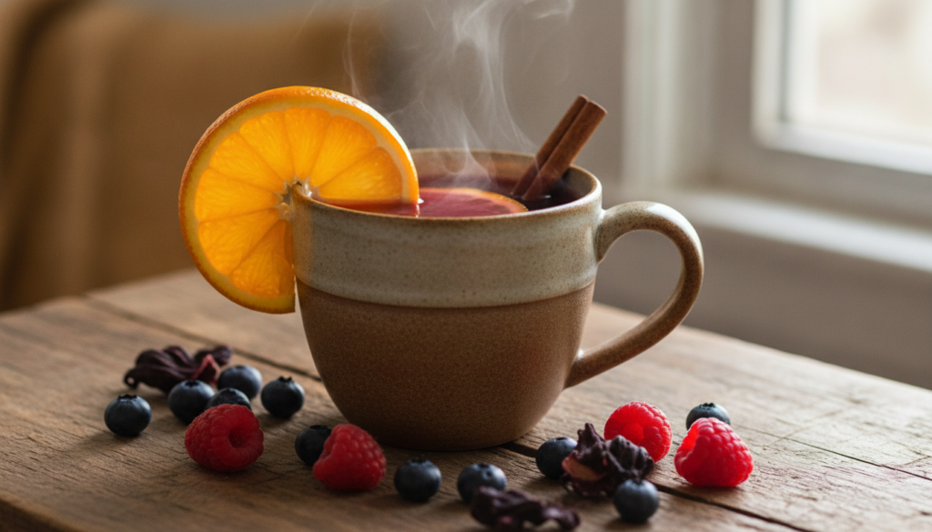 A steaming mug of ruby-red wellness blend garnished with a slice of orange and a cinnamon stick placed on a wooden table