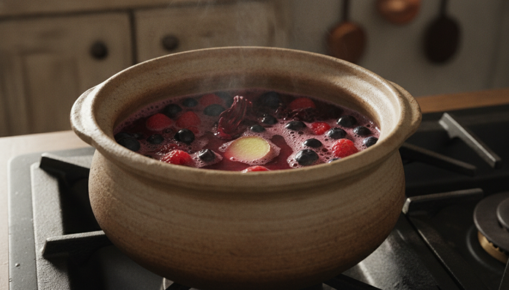 A close-up shot of a pot gently simmering a ruby-red liquid on a stovetop with steam rising Various ingredients like dri