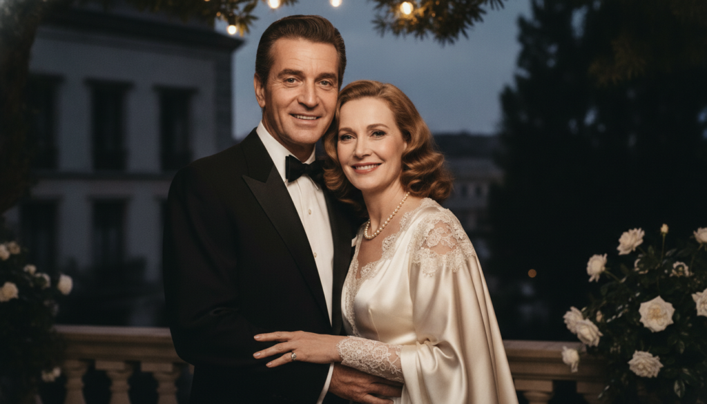 A candid elegant photograph of Kirk Douglas and Anne Buydens from an earlier period in their marriage showcasing their c
