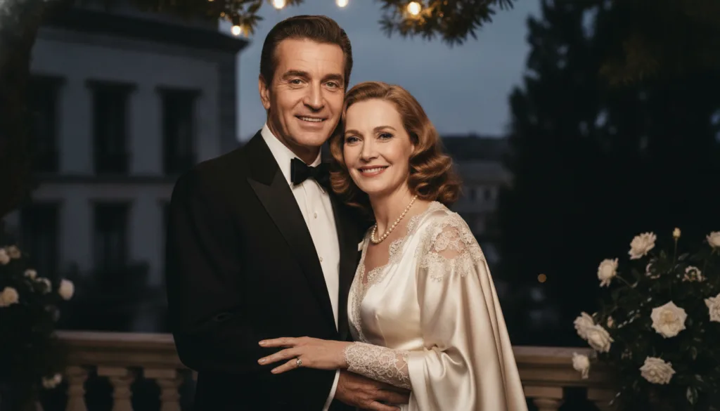 A candid elegant photograph of Kirk Douglas and Anne Buydens from an earlier period in their marriage showcasing their c